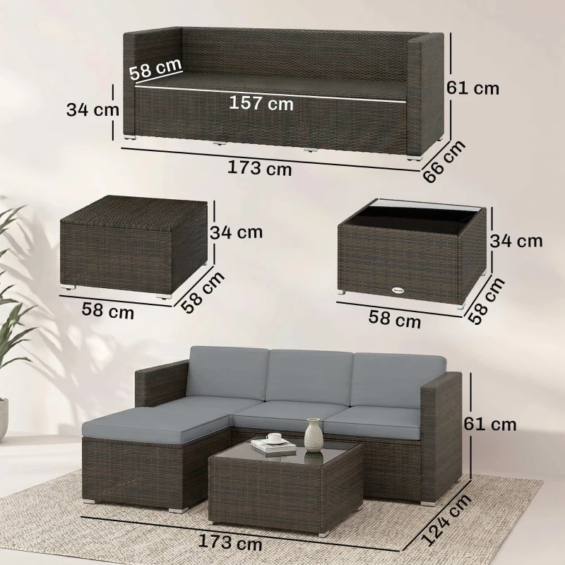 Outsunny 3 Pieces Garden Furniture Set w/ Cushions, PE Rattan Wicker Conversation Corner Sofa Set, Light Grey
