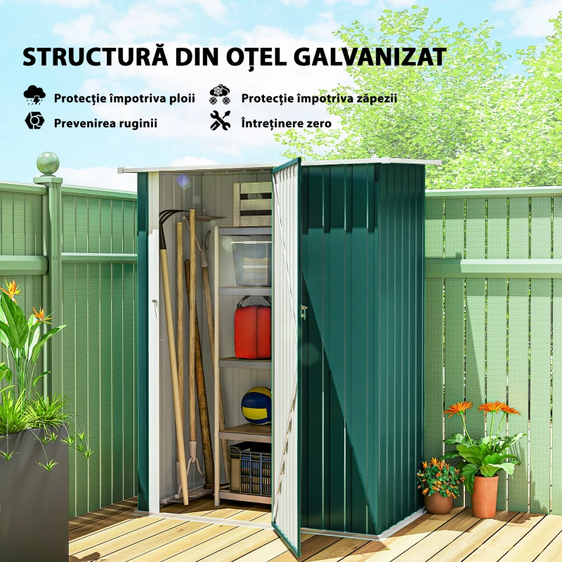 Outsunny Magazie pentru unelte din metal cu acoperiș înclinat și ușă blocabilă, 142x86x189 cm, verde