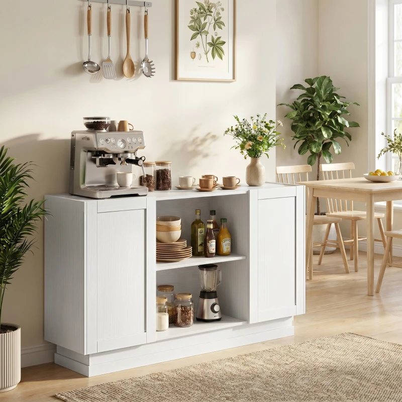 HOMCOM Sideboard Buffet Cabinet, 133 cm Storage Cabinet with 2 Open Shelves, 2 Cupboards and Soft Close Doors, White