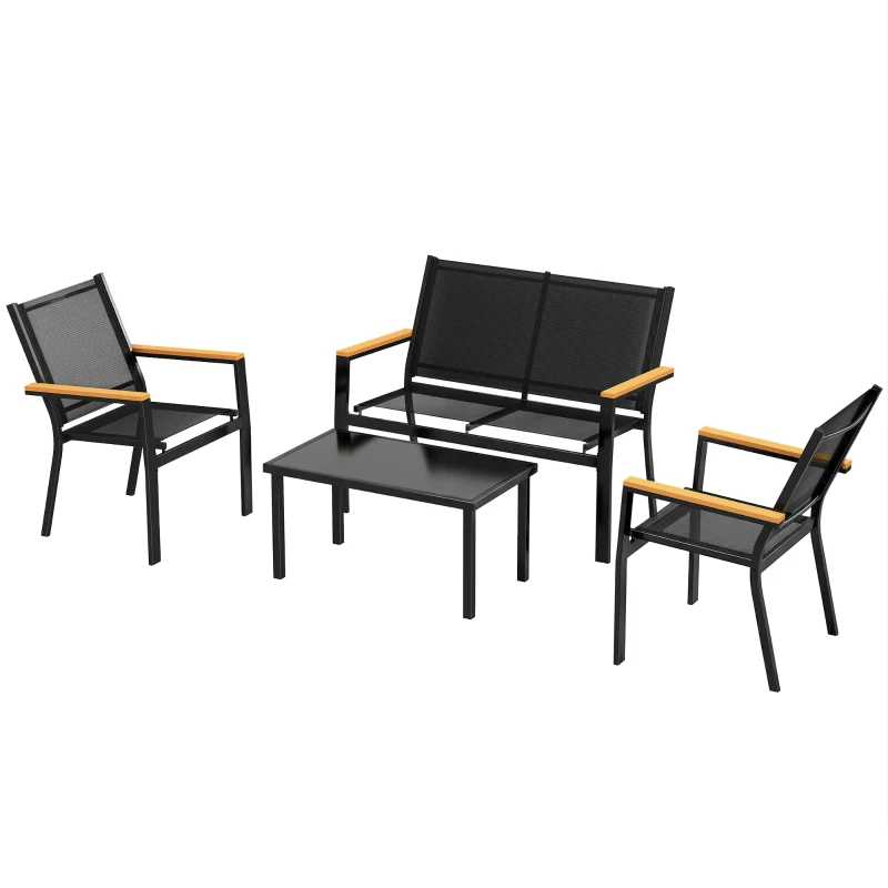 Outsunny Salon de jardin extérieur 4 pièces avec canapé 2 places, 2 chaises et table basse en verre trempé, noir