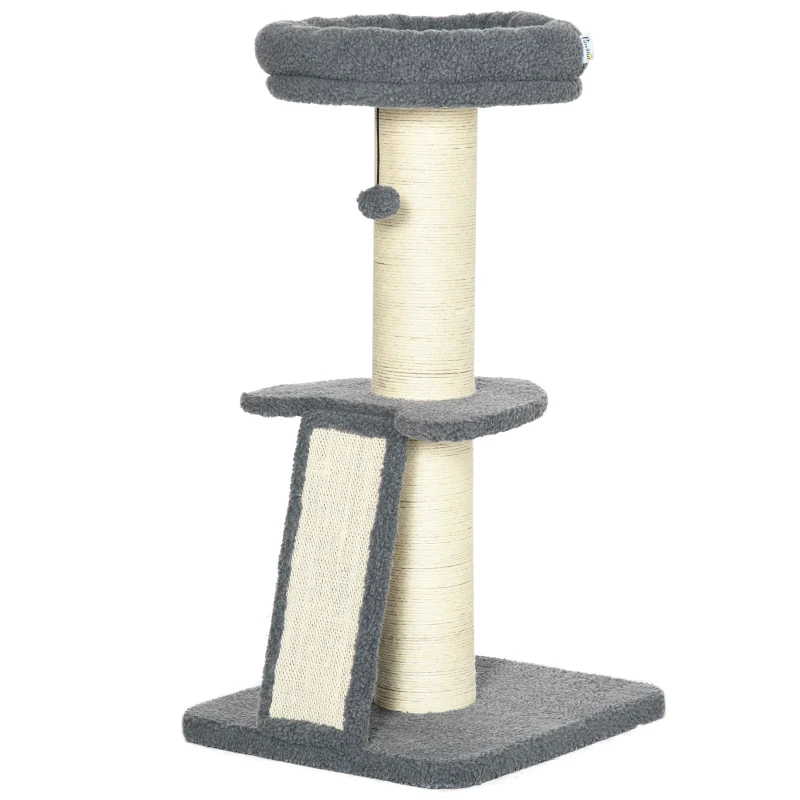 PawHut kattenboom, een platform, hangende speelgoedbal, sisal, donkergrijs+roomwit, 48 x 48 x 92 cm