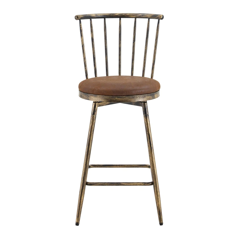 Tabouret de bar style Windsor en métal, assise ronde rembourrée, 39x39x96 cm, Marron