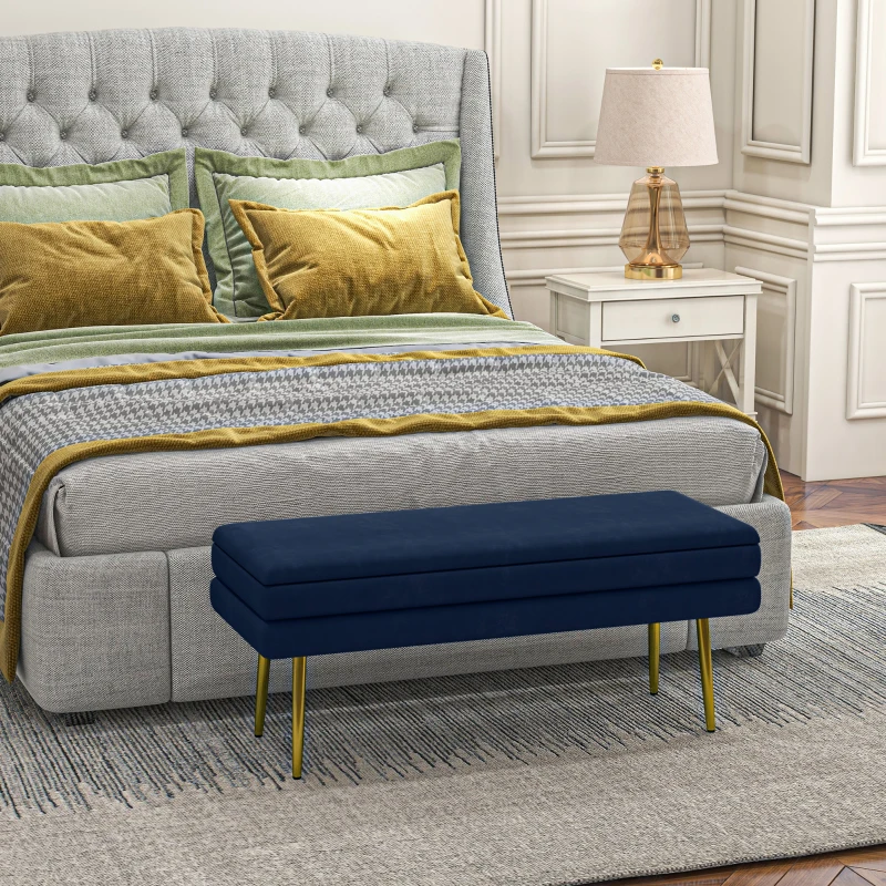 HOMCOM Banc banquette coffre de rangement 2 en 1 assise aspect velours et pieds acier - 100 x 37,5 x 42 cm bleu et doré