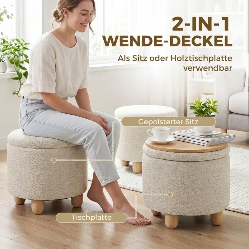 HOMCOM Opberghocker, ronde zitkruk met deksel, linnenlook, voor woonkamer en slaapkamer, 38,5 x 38,5 x 33,5 cm, beige