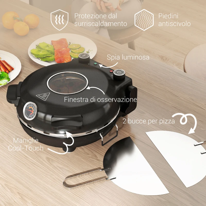 HOMCOM Forno per Pizza Elettrico 1200W con Finestra Trasparente, Timer e Regolazione della Temperatura, Nero