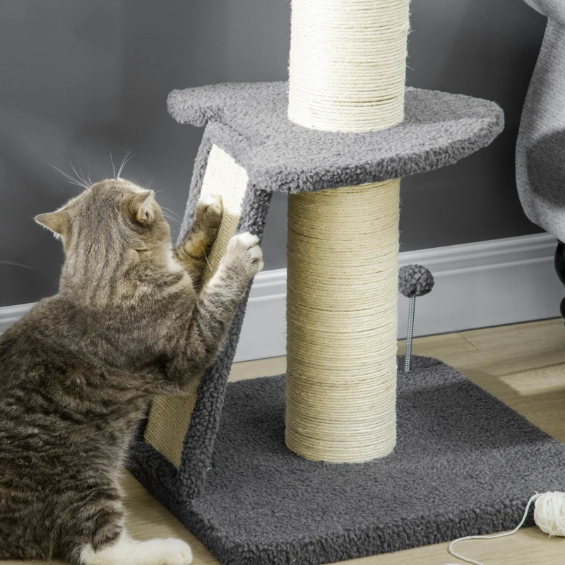 PawHut kattenboom, een platform, hangende speelgoedbal, sisal, donkergrijs+roomwit, 48 x 48 x 92 cm
