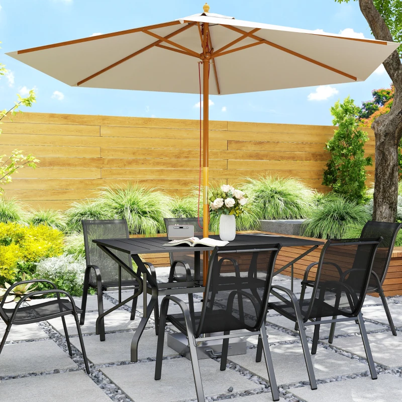 Outsunny Tuintafel Staal 150x90 cm Weerbestendige Balkontafel met Parasolgat, Lamellendesign voor 6 Personen Zwart