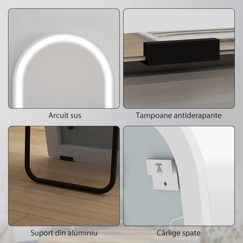 HOMCOM Oglindă de podea arcuită cu lumini, 150x50 cm, de perete și autoportantă, reglabilă, cu funcție de memorie, transparentă