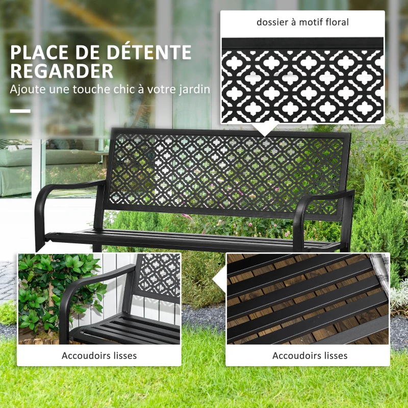 Outsunny Banc de jardin banc extérieur jardin en acier avec dossier à motif floral pour 2 personnes 127 x 63 x 83 cm noir