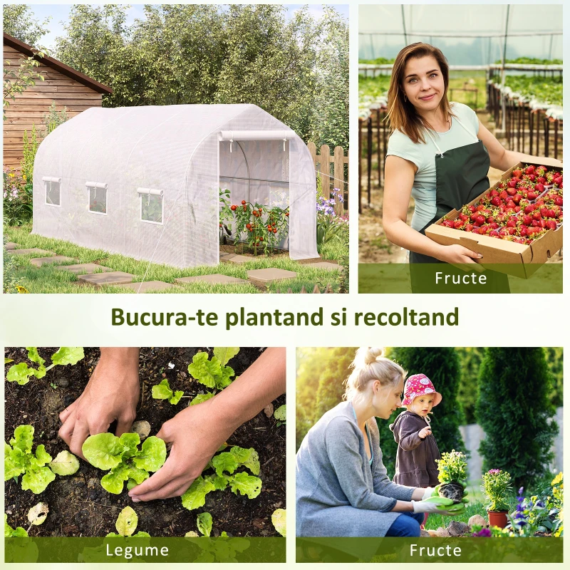 Outsunny Seră Tip Tunel Anti-UV cu 6 Ferestre cu Plasă și Intrare Rulabilă, Metal și PE, 4x2x2 m, Alb