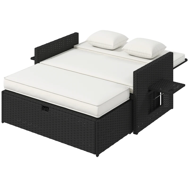 Outsunny Rattan Garden Daybed, Double Sun Lounger with 5-Level Adjustable Back, Storage Ottoman, Cream White