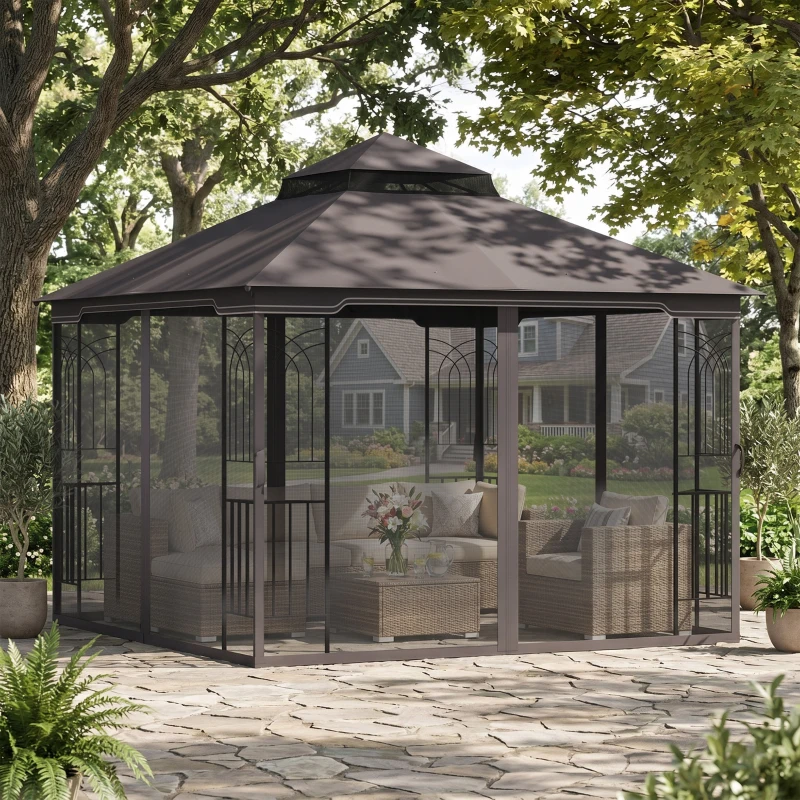 Outsunny Gazebo da Giardino 3x3m con Zanzariera e Tetto a 2 Livelli, Mensole Laterali e Ganci, Caffè