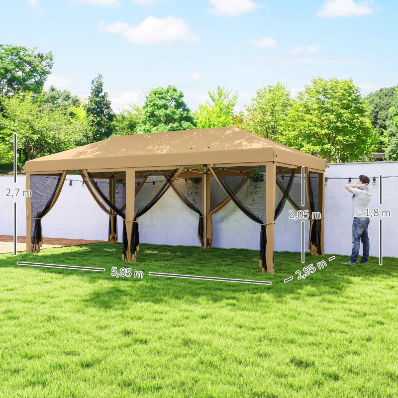 Outsunny Tenda para Festas 6x3 m Tenda de Jardim com 6 Mosquiteiros Bolsa de Transporte e Estrutura de Aço para Campismo Festas Bege