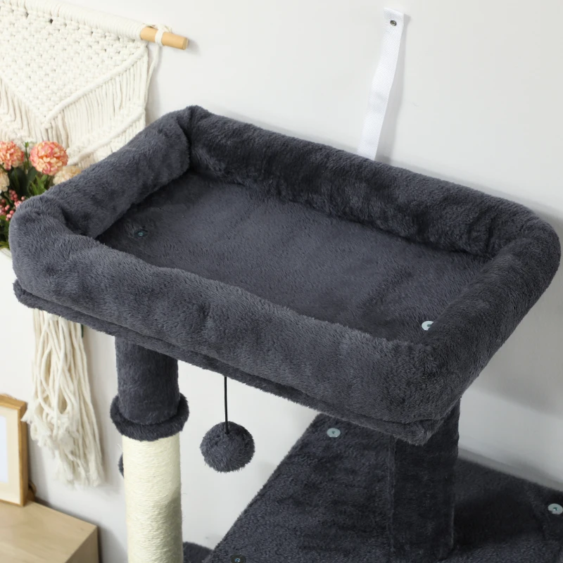 PawHut Arbre pour Chats Multiniveaux Haut 132 cm avec Maisonnette, Lit, Poteaux à Griffer, Brosse et Balle, Gris Foncé