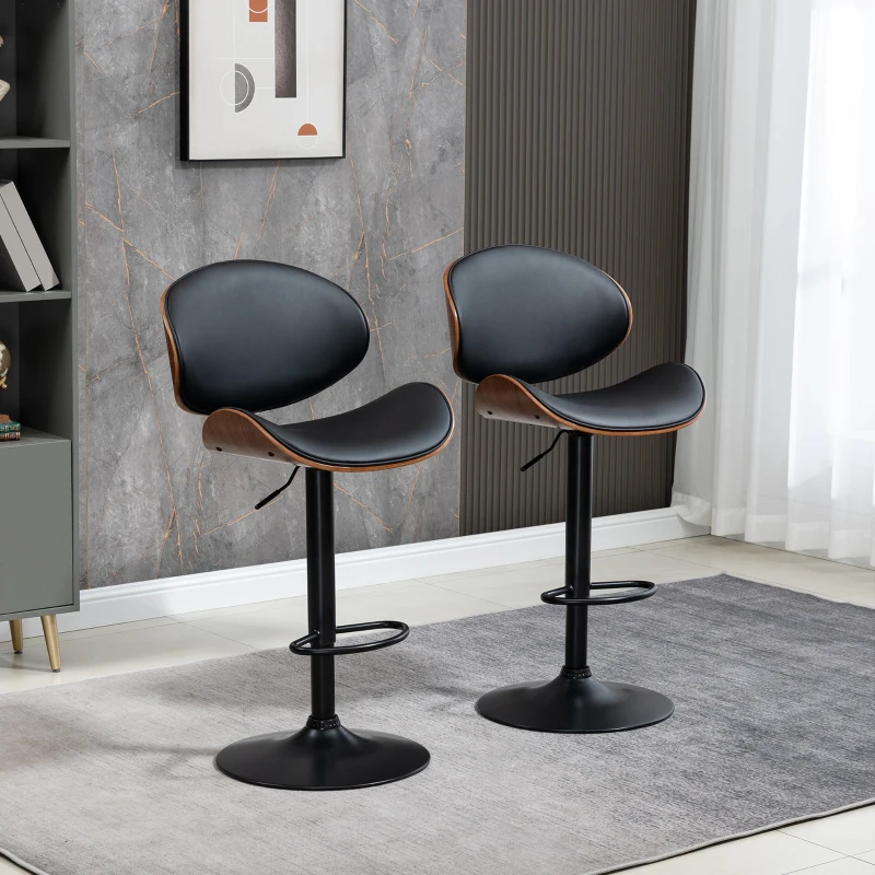 HOMCOM, Set de 2 Scaune de Bar, Cu Spătar Reglabile pe Înălțime, PU, oțel, 53x52x96-116 cm, Negru