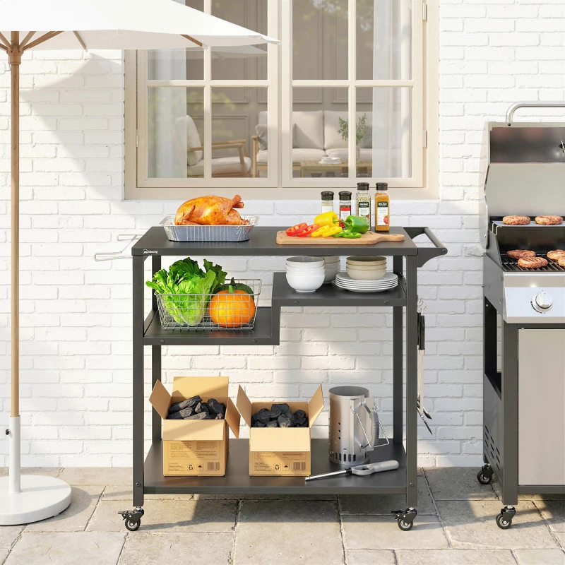 Outsunny Outdoor Grill Cart, Three-Tier Pizza Oven Stand  with Steel Tabletop, Hooks, Rubbish Bag Holder, Wheels, Black