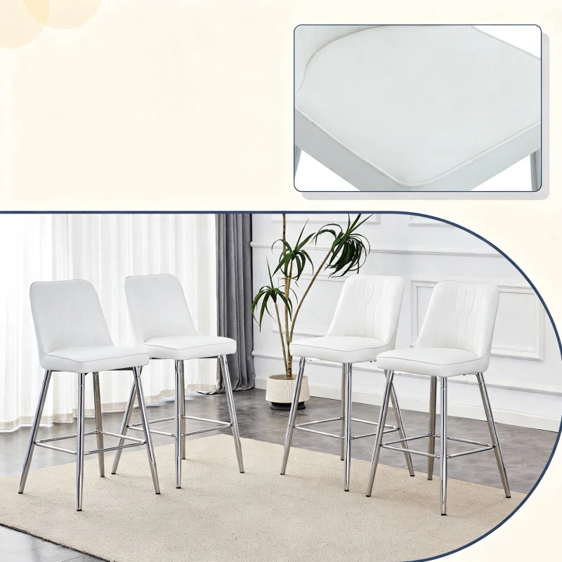 Lot de 2 tabourets de bar hauteur, design moderne et confortable, dossier incurvé et repose-pieds, 42x45x100 cm, Blanc+Argenté
