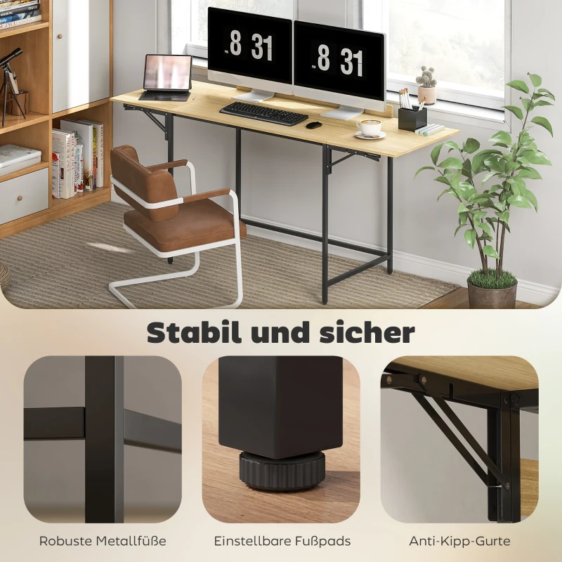 HOMCOM Inklapbare computertafel met 2 uitklapbladen, veel ruimte voor monitoren, metalen poten, stevige constructie, eikenlook + zwart(m-6)