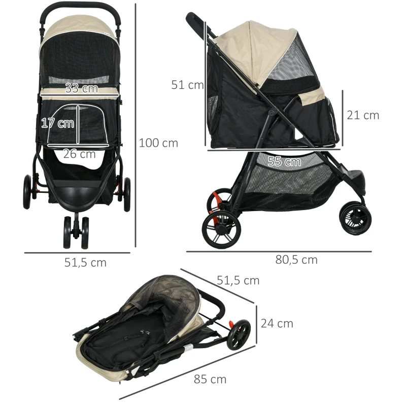 PawHut Opvouwbare Huisdierenbuggy met Regenhoes, 2 Drankhouders, Blauw + Khaki(m-3)