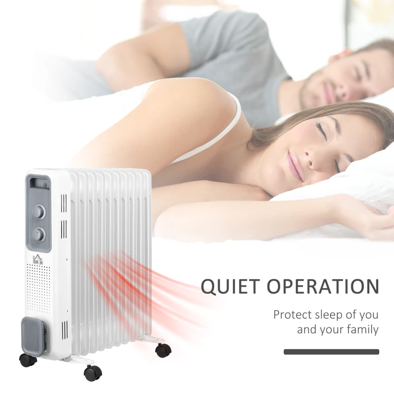 HOMCOM 2500W Oil Filled Radiator, 11 Fin, Portable Electric Heater with 3 Heat Settings, Safety Cut-Off and Wheels, White