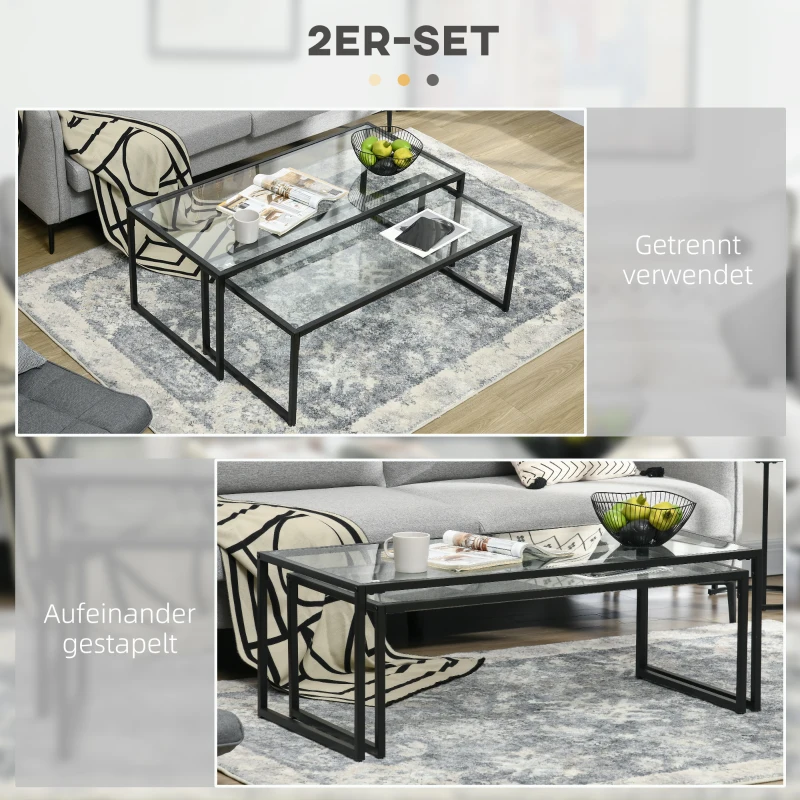 HOMCOM 2-delige set salontafels, glazen tafels, met poedergecoat staal, zwart + transparant