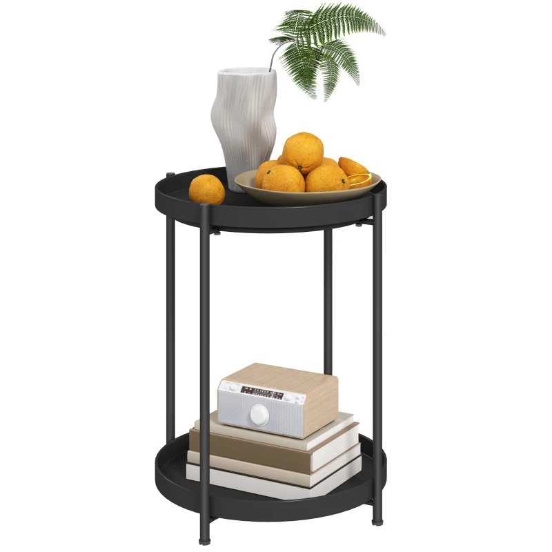 HOMCOM Ronde Bijzettafel met Legbord, 2-Lagen Koffietafel voor Woonkamer, Slaapkamer, Kleine Ruimtes, Metaal, Zwart