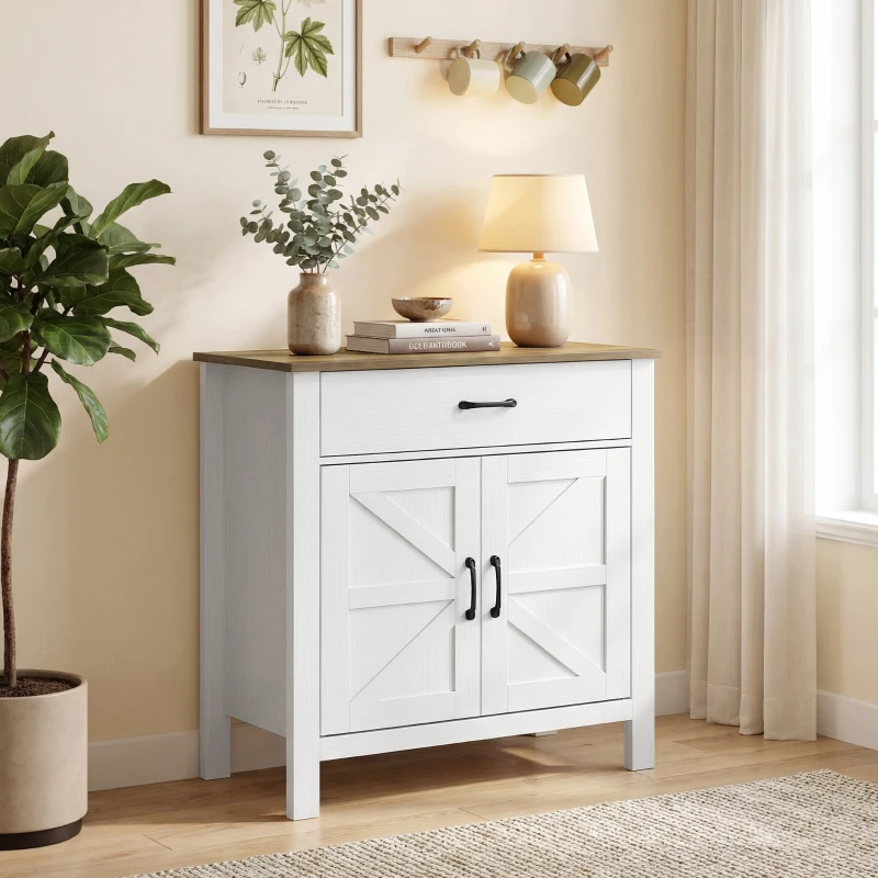 HOMCOM Buffet salon, meuble de rangement avec 2 portes de grange, tiroir et étagère réglable, 77x39,3x81,5cm, blanc et marron