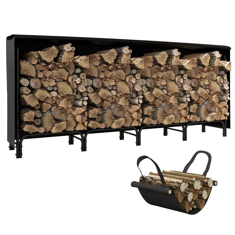 Outsunny Abri bûches, range-bûches, avec sac de transport en toile, housse en Oxford 600D,   240l x 36P x 99H cm, métal, noir
