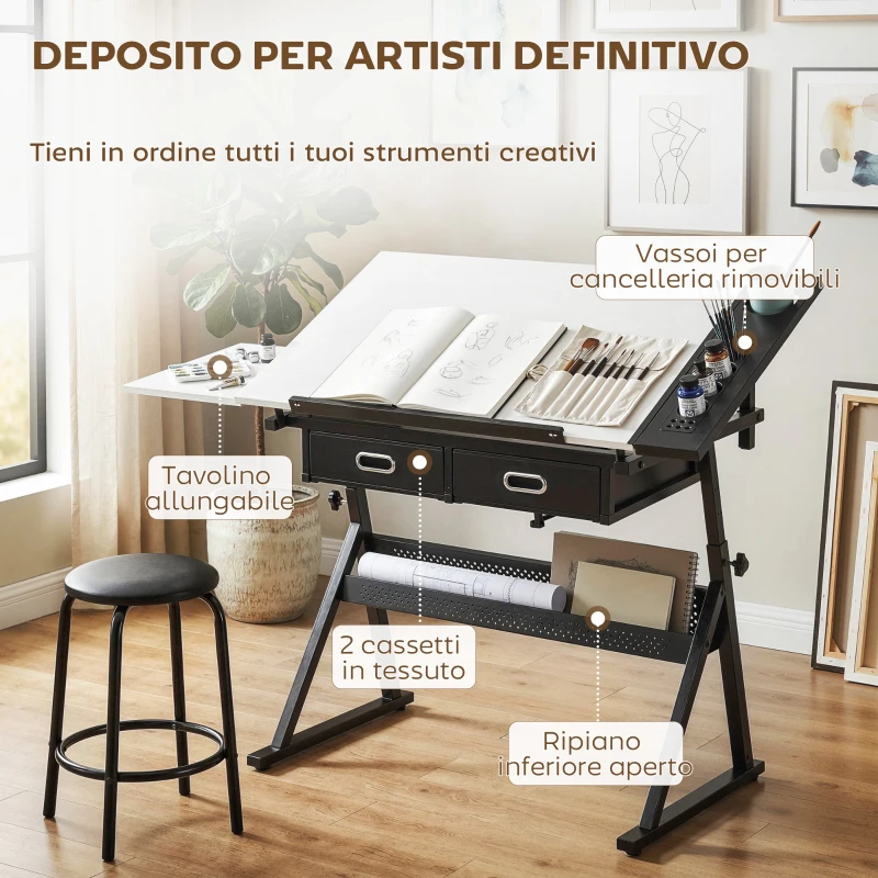 HOMCOM Tavolo da Disegno Tecnico Regolabile con Spazio Contenitore e Sgabello, in Metallo, 120x60x68-92 cm Bianco