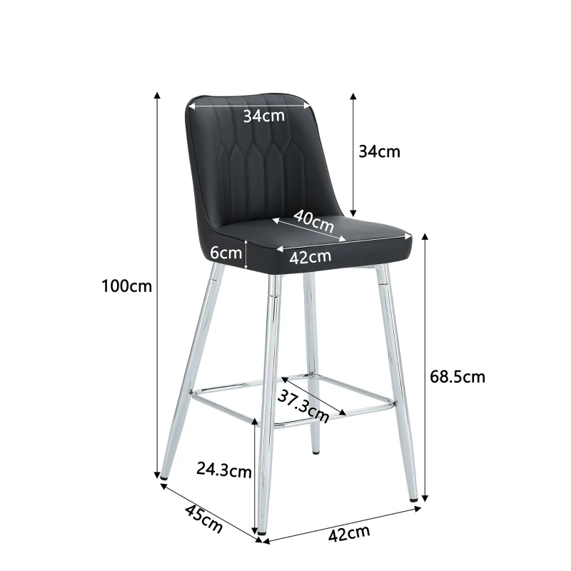 Lot de 2 tabourets de bar hauteur, design moderne et confortable, dossier incurvé et repose-pieds, 42x45x100 cm, Noir+Argenté