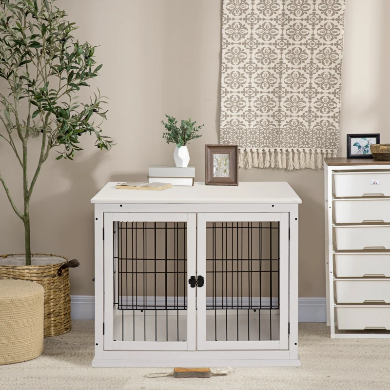 PawHut Cage pour chien intérieur en MDF E1, meuble 3 portes verrouillables, jusqu'à 30 kg, 81L x 58l x 66H cm, noir et blanc