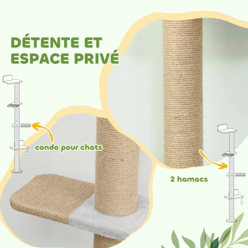 PawHut Étagères Murales pour Chat 180 cm, 4 Plateformes d'Escalade, Poteau à Griffer en Jute et Jouet Suspendu, Gris Clair