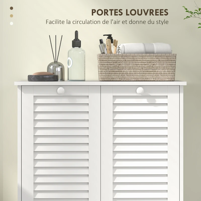 HOMCOM Meuble salle de bain avec panier à linge armoire salle de bain en bois portes persiennes 2 paniers 70 x 38 x 73 cm blanc