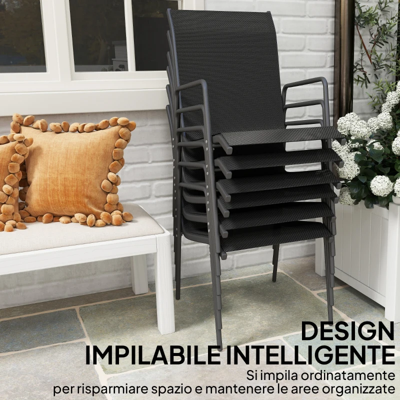 Outsunny Set 6 Sedie Impilabili e Traspiranti con Braccioli e Schienale Alto, in Metallo e Poliestere, 51L x 69P x 87A cm, Nero