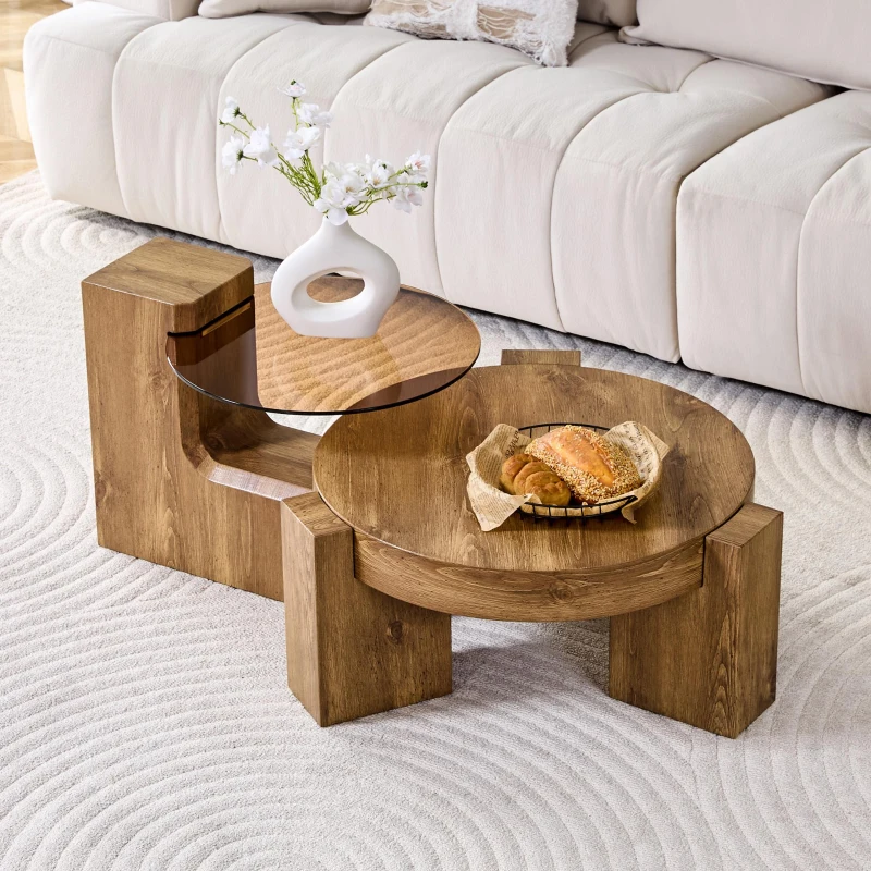 Ensemble 2 tables basses rondes, design 2 niveaux modulable, pieds en L renforcés, 61x61x30 cm, Couleur naturelle