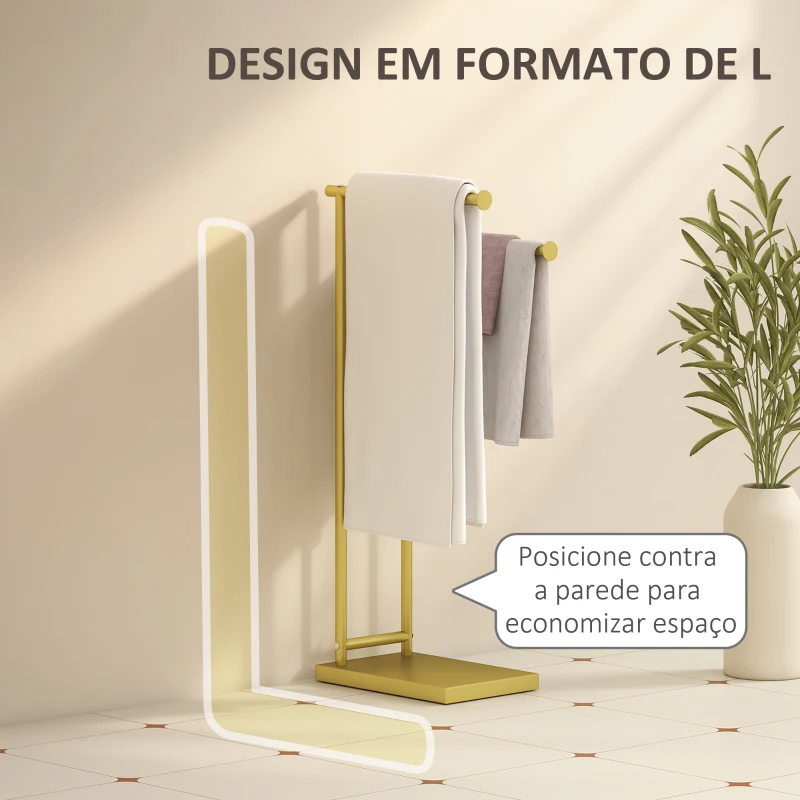 HOMCOM Toalheiro de Pé de 2 Níveis Toalheiro para Casa de Banho com 2 Barras e Estrutura Metálica Estilo Moderno em Forma de L 35,5x20x78 cm Dourado