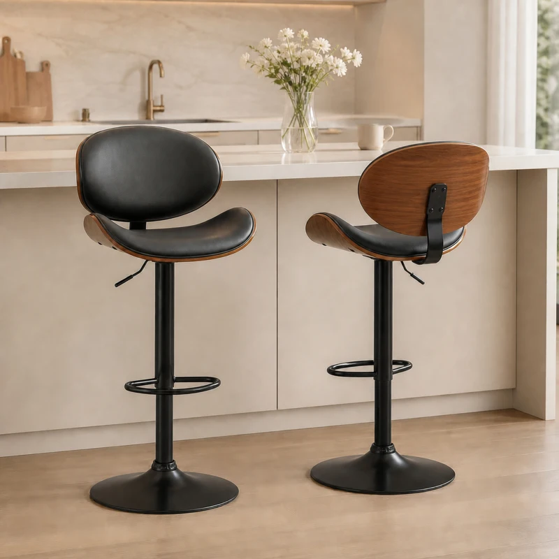 HOMCOM, Set de 2 Scaune de Bar, Cu Spătar Reglabile pe Înălțime, PU, oțel, 53x52x96-116 cm, Negru