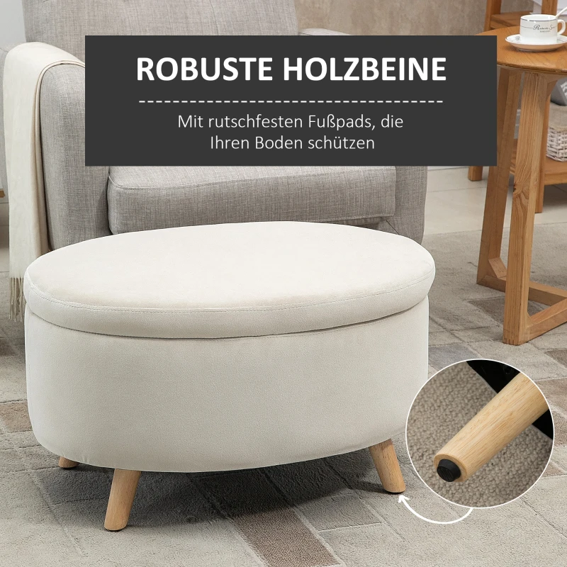 HOMCOM Opbergbank met fluweeloptiek, Ovale Vorm, Hocker, tot 80 kg, 71 x 51,5 x 42 cm, Beige