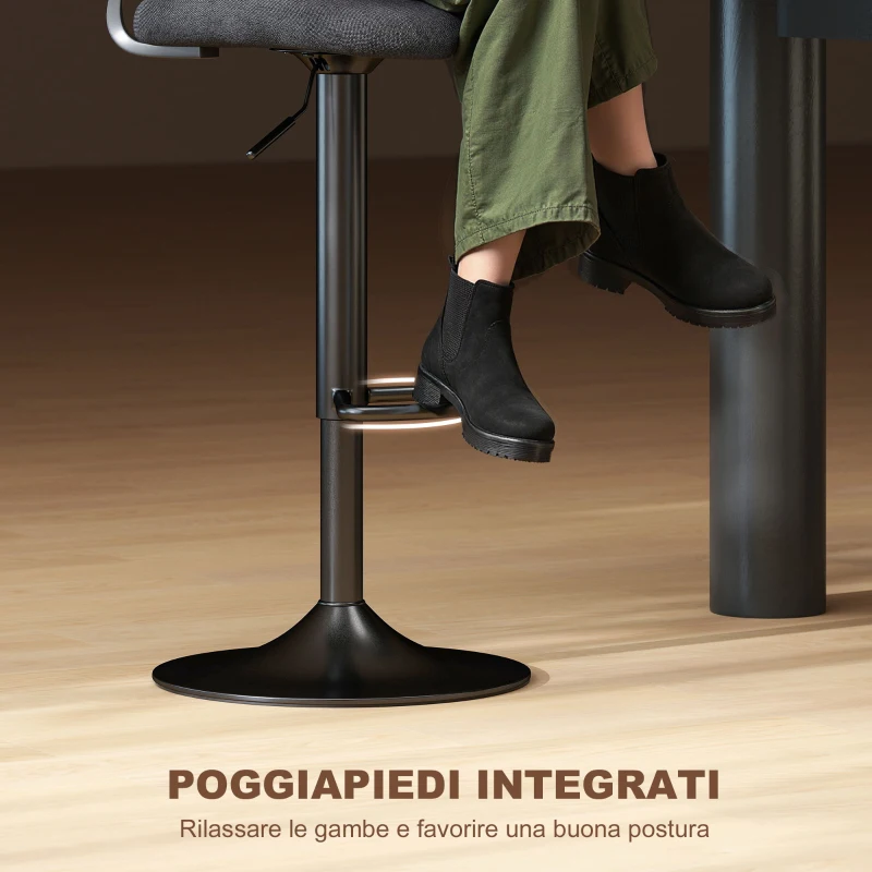 HOMCOM Set 2 Sgabelli da Bar Traspiranti in Tessuto Effetto Lino e Metallo con Poggiapiedi, 40.5x43x84-105 cm, Nero