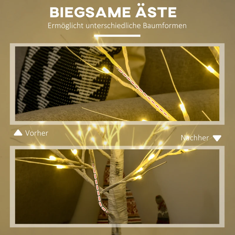 HOMCOM Kunstboom, Kunstberk met LED-Verlichting, Warmwit, Realistische, Witte Bast, 17L x 17B x 120H cm(m-6)