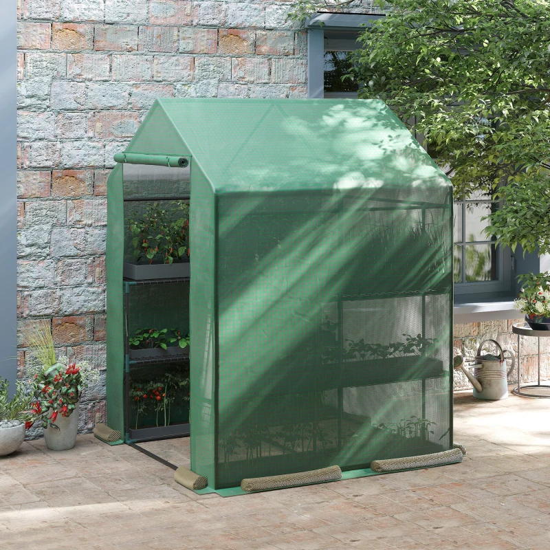 Outsunny Serra da Giardino con Scaffali, Copertura in PE e Porta Avvolgibile, 143x138x190 cm, Verde