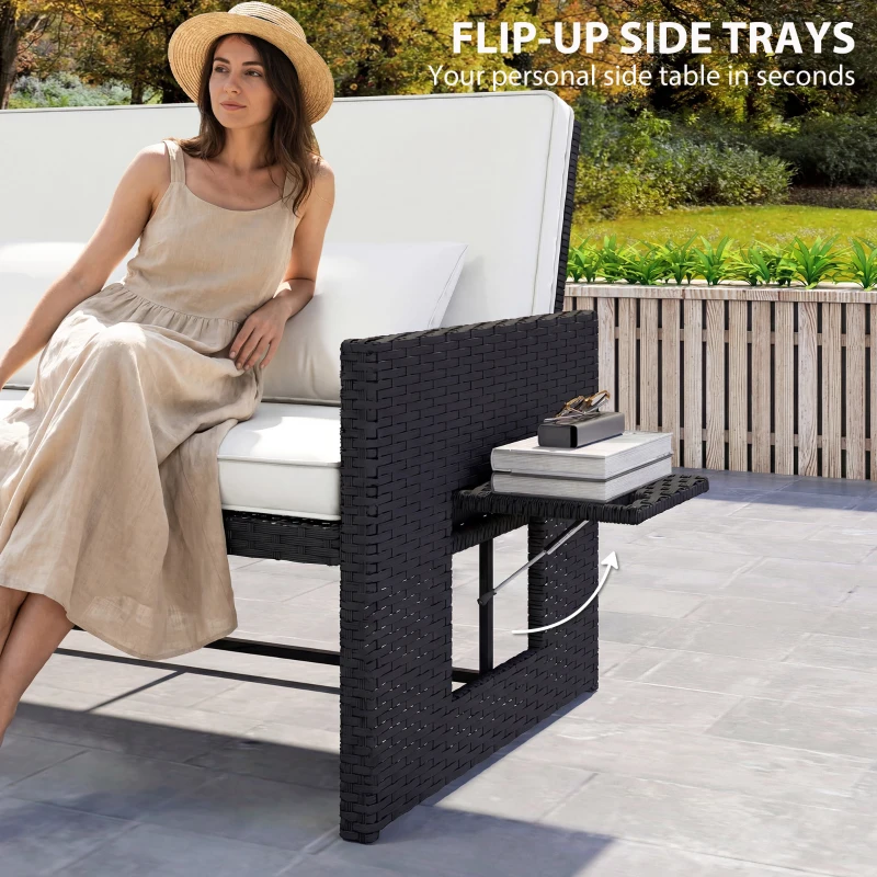 Outsunny Rattan Garden Daybed, Double Sun Lounger with 5-Level Adjustable Back, Storage Ottoman, Cream White