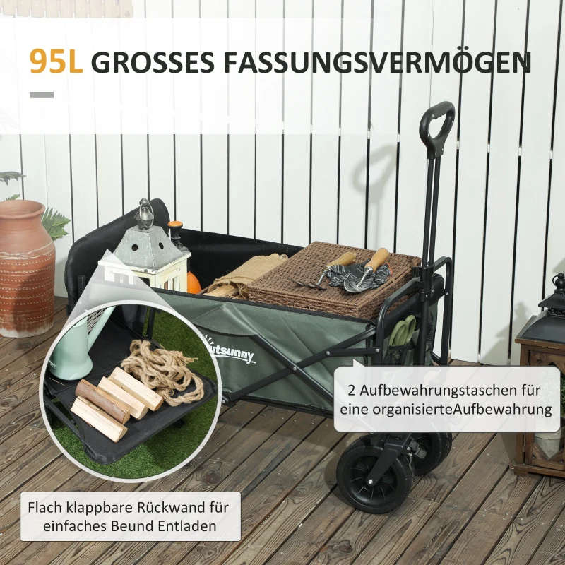 Outsunny Tuinwagen 120 kg Draagvermogen, Opvouwbare Transportkar met Afneembaar Zeil, Handvat, Wielen, 95 Liter, Groen
