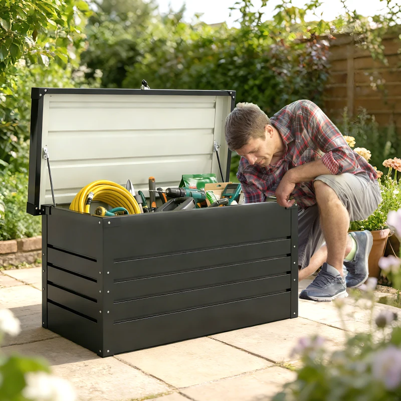 Outsunny Coffre de rangement métal boîte de jardin 350L double vérins à gaz  verrouillable pour coussins outils gris anthracite