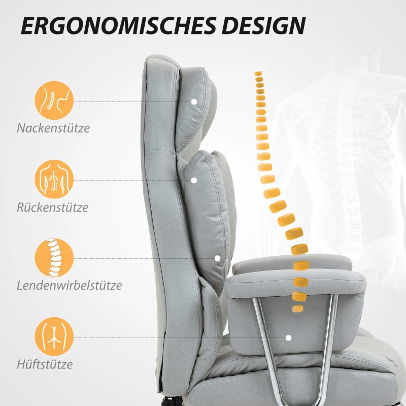 HOMCOM Ergonomische Bureaustoel met Armleuningen, Voetsteun, in Hoogte Verstelbare Draaistoel van Microvezelstof, Gevoerd Computerstoel, Lichtgrijs(m-4)