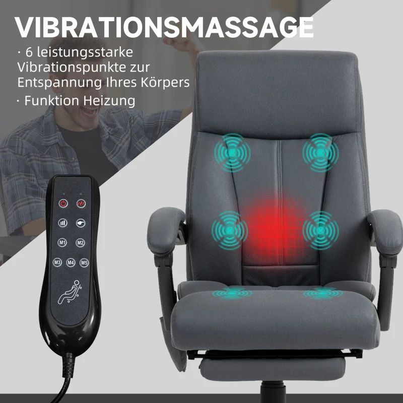 Vinsetto Massage-bureaustoel met Verwarmingsfunctie, Voetsteun, Kantelbare Rugleuning, tot 120 kg, Donkergrijs(m-4)