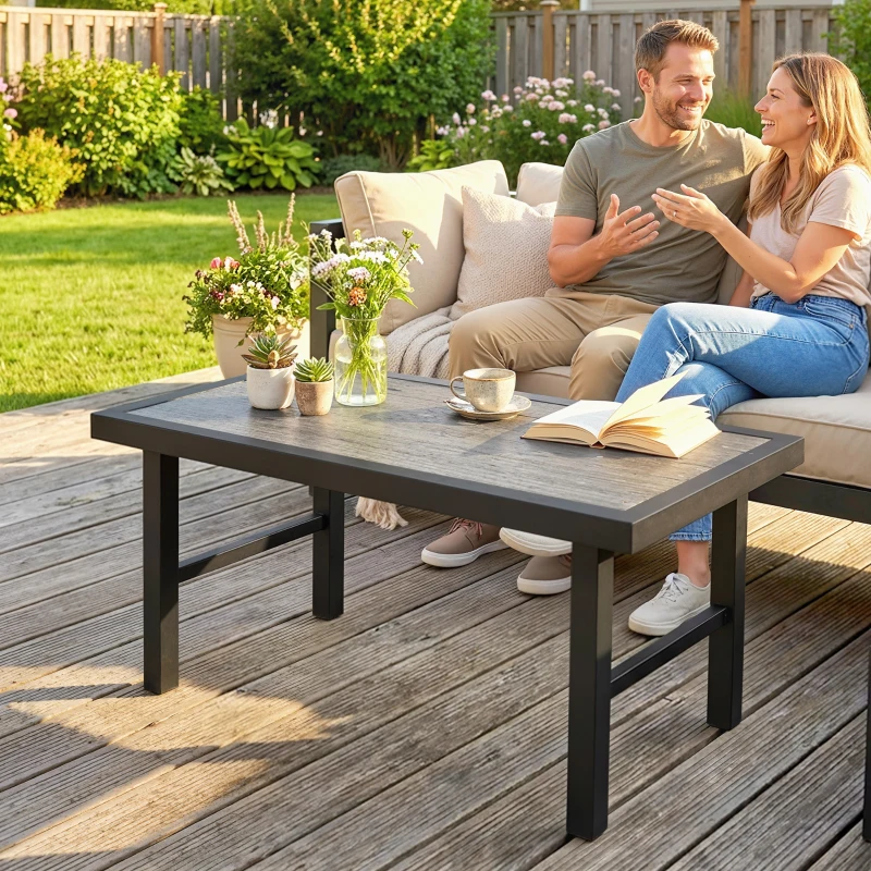 Outsunny Metal Garden Coffee Table, Outdoor Side Table with SPC Woodgrain Tabletop for Outside, 100 x 52 x 46cm, Dark Grey