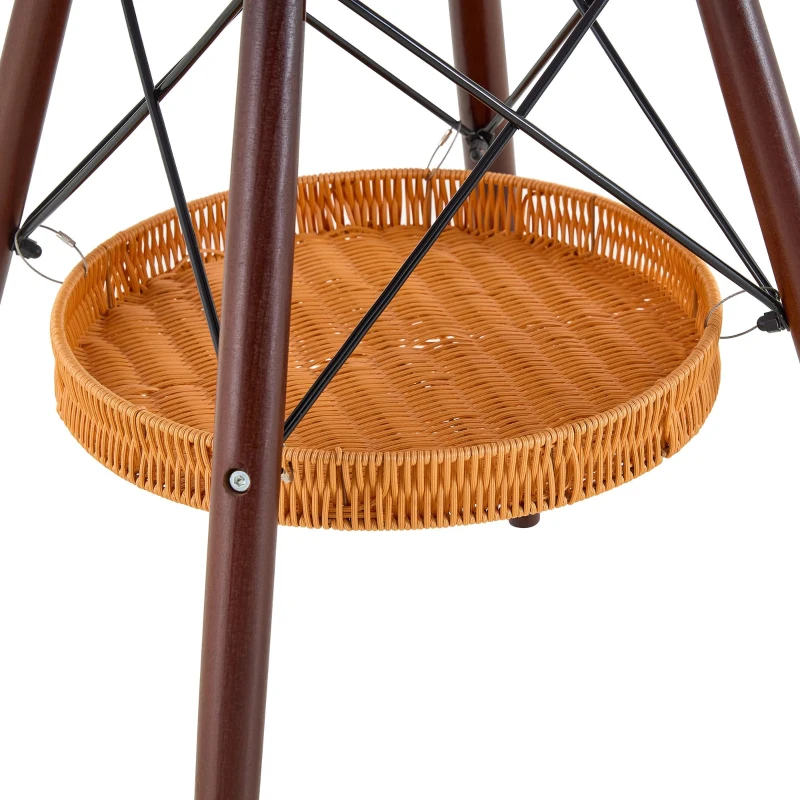 Table ronde 80 cm, idéale pour petits espaces, panier de rangement suspendu tressé, 80x80x71,5 cm, Noyer+Noir