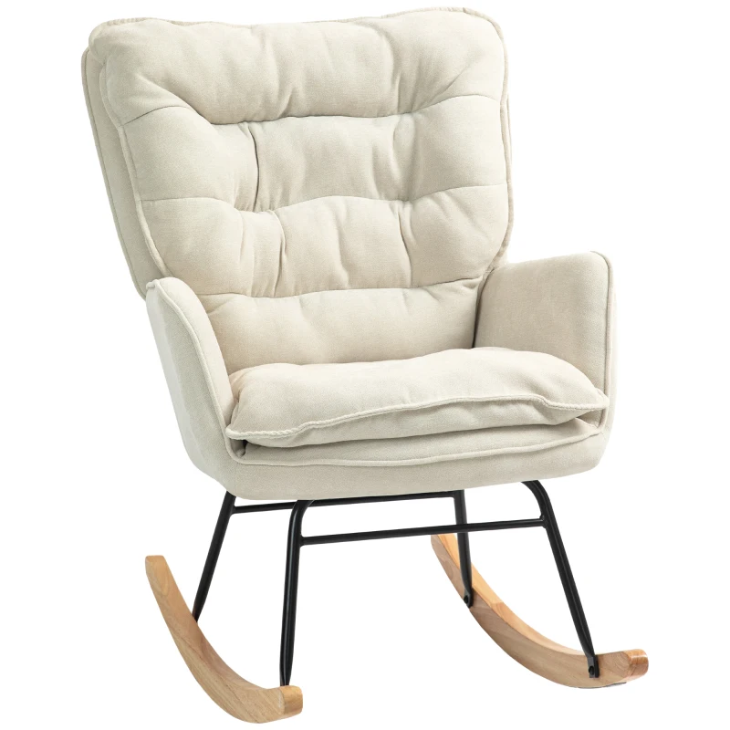 HOMCOM Schommelstoel met rugleuning, houten onderstel, relaxstoel met chenillelook voor woonkamer, slaapkamer of balkon, beige(m-10)