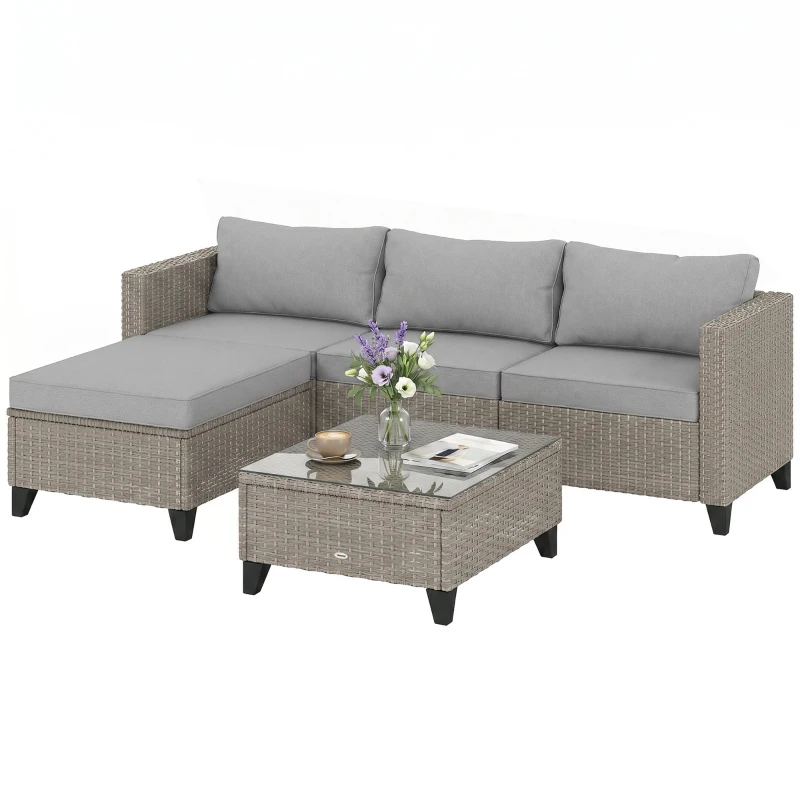 Outsunny 5-Piece Rattan Patio Furniture Set with Corner Sofa, Footstools, Coffee Table, for Poolside, Brown